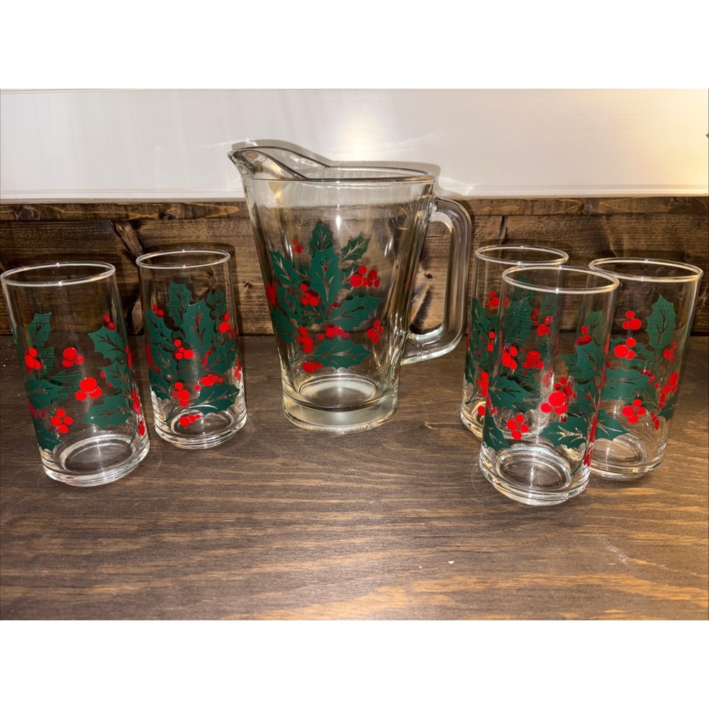 CRISA HOLLY & BERRY Pitcher & 5 Glasses Vintage